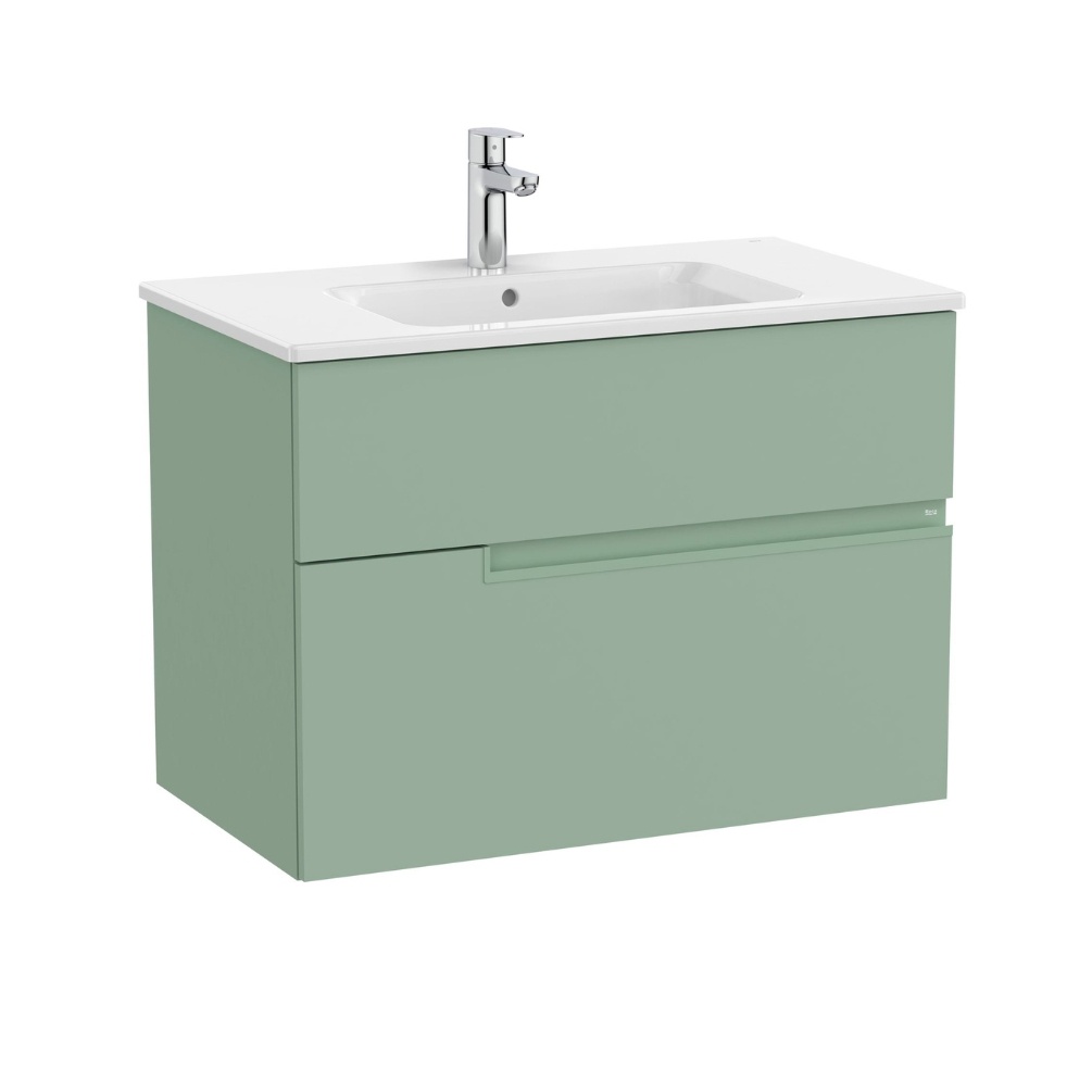 Product cut out image of the Roca Victoria-N Unik Sage Green 800mm Wall Hung 2 Drawer Vanity Unit & Basin